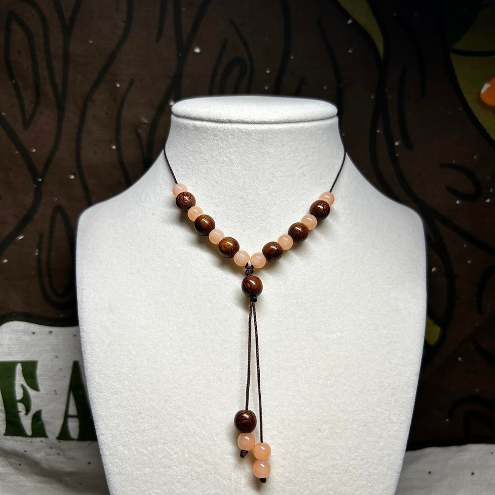 Wood and Peach crystal glass lariat boho chic dainty maximalist adjustable brown